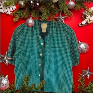 L.L. Bean Men's Teal Plaid Short Sleeve Button-down Shirt Crinkled Texture, XL